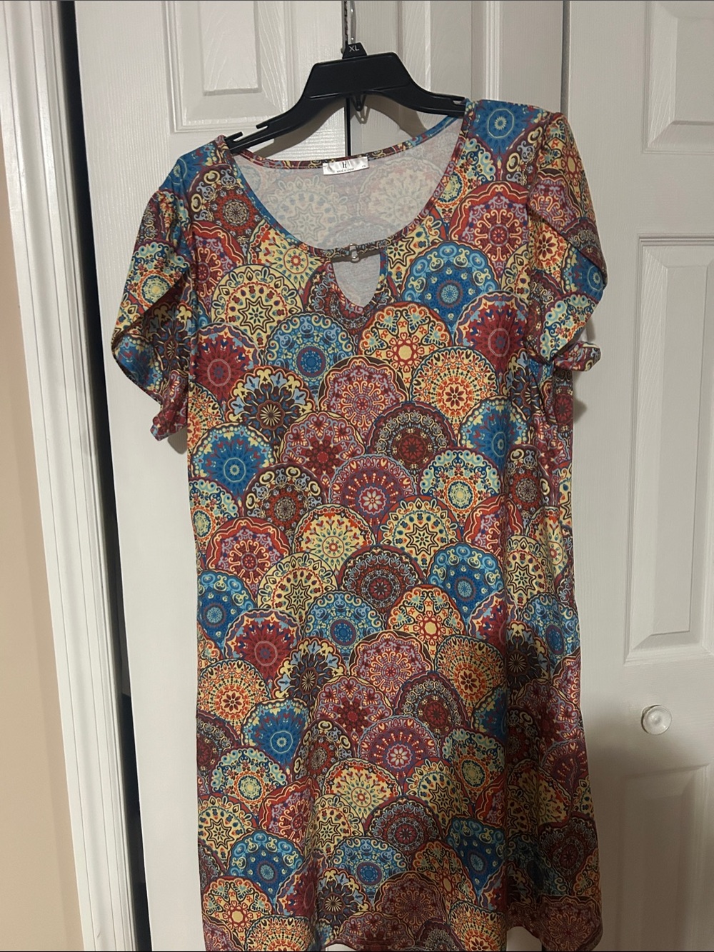 Boho Scallop Print Short Sleeve Dress- Multicolor